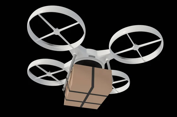 Quad Copter Delivering Carton Box Package Isolated Black Background Rendered — Stock Photo, Image