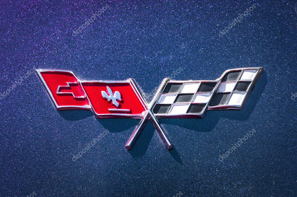 14 JULY 2018 SLANY, CZECH REPUBLIC: Close-up of Chevrolet Corvette sign on blue car