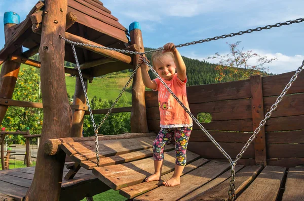 Sweet Cute Baby Girl Wooden Playground Children — Stock Photo, Image