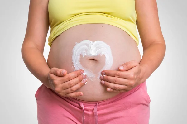 Terhes Alkalmazza Hidratáló Krém Hasára Bőr Ellátás Terhesség Koncepció — Stock Fotó
