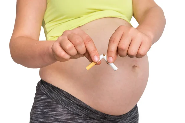 Schwangere Mit Kaputter Zigarette Isoliert Auf Weißem Grund Konzept Zum — Stockfoto