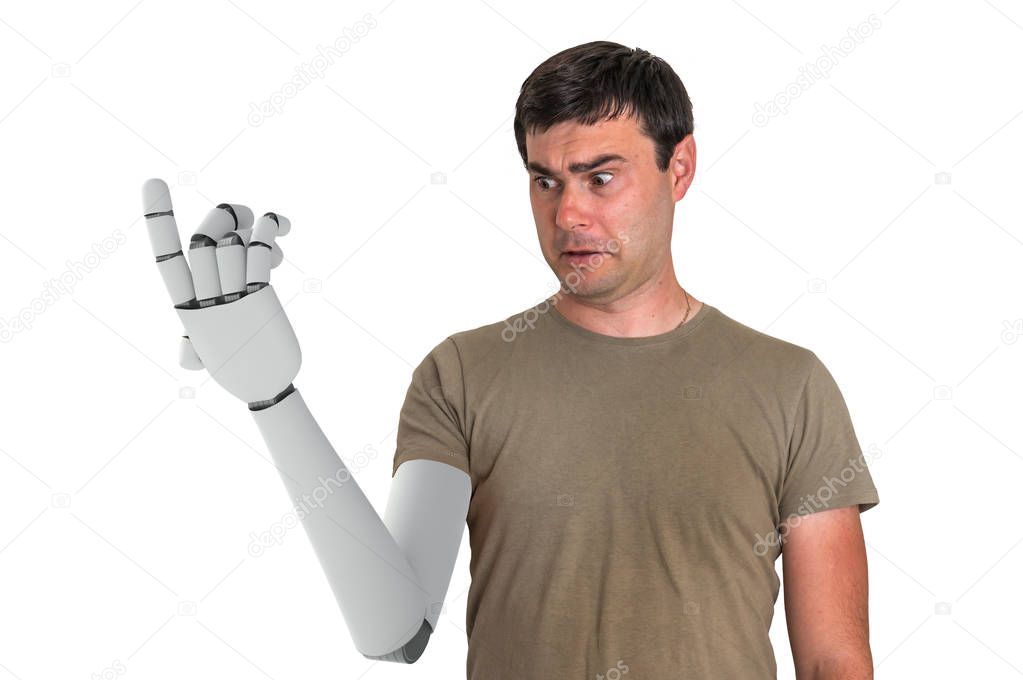 Shocked man is looking at his prosthetic robotic hand. Replacement of human body part. 3D rendered illustration of hand.