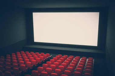 Sinema Konferans salonu ile beyaz boş perde ve kırmızı koltuk. 3D render illüstrasyon. Retro tarzı.