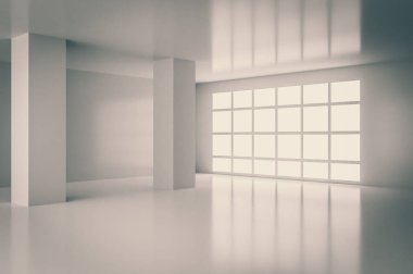 Büyük pencere boş oda iç. 3D render illüstrasyon. Retro tarzı.