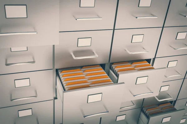 Filing cabinet with yellow folders in an open drawers - data collection concept. 3D rendered illustration. Retro style.