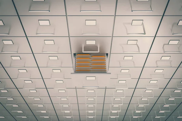 Filing cabinets with open drawer - data collection concept. 3D rendered illustration. Retro style.