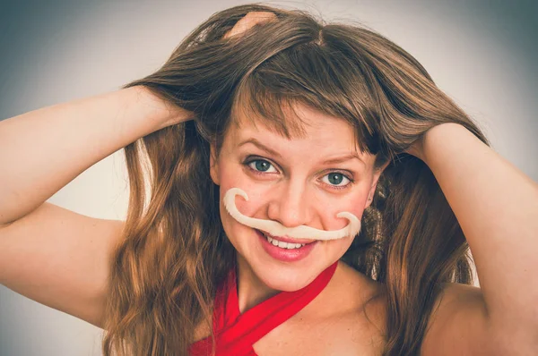 Retrato Mujer Divertida Atractiva Con Bigote Estilo Retro — Foto de Stock