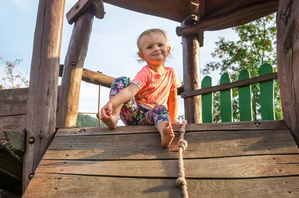 Sweet Cute Baby Girl Wooden Playground Children — Stock Photo, Image
