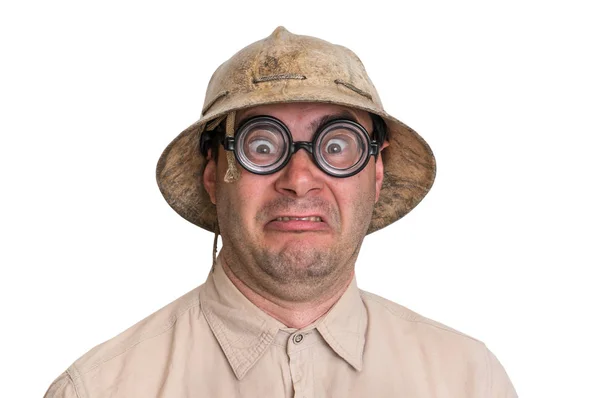 Bang Explorer Man Met Helm Geïsoleerd Witte Achtergrond — Stockfoto