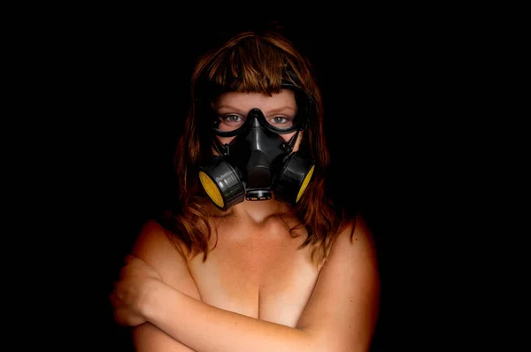 Young Naked Woman Gas Mask Isolated Black Background — Stock Photo, Image