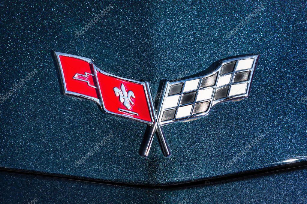 14 JULY 2018 SLANY, CZECH REPUBLIC: Close-up of Chevrolet Corvette sign on blue car