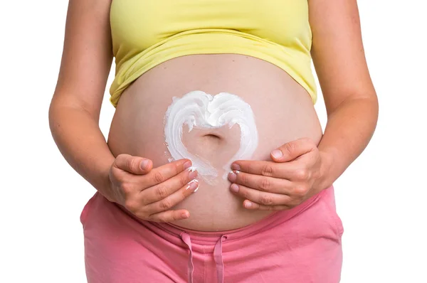 Mulher Grávida Está Aplicando Creme Hidratante Sua Barriga Cuidados Com — Fotografia de Stock