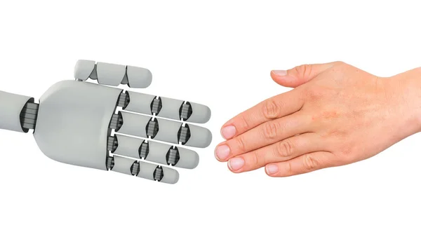 人間とロボットの手の握手 ロボットと人間との間の協力 レンダリングされたイラストレーション — ストック写真