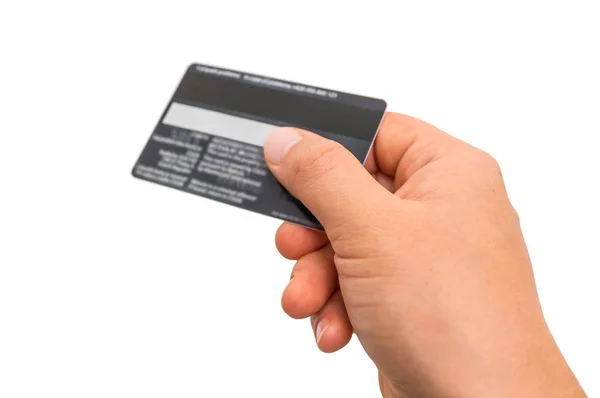客户的手给信用卡或借记卡卡付款概念 — 图库照片