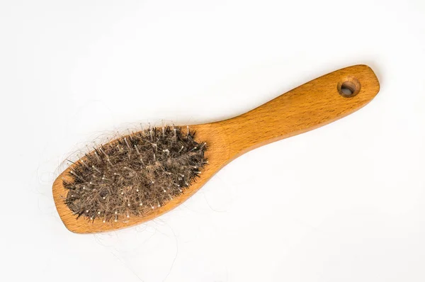 Wooden Comb Brush Lost Hair Isolated White Background Baldness Concept — Stock Photo, Image