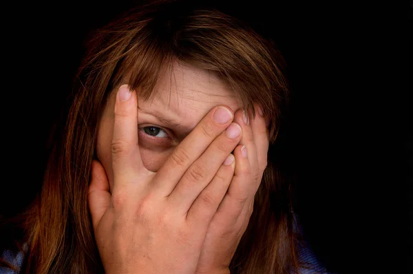 Young Woman Covering Her Face Hands Looking Camera One Eye — Stock Photo, Image