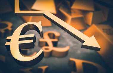 Altın euro simgesini ve altın ok aşağı - euro para sonbahar kavramı - retro tarzı