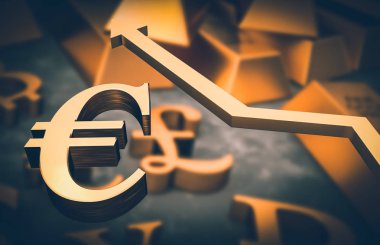 Altın euro simgesini ve altın ok - euro para artış kavramı - retro tarzı yukarı