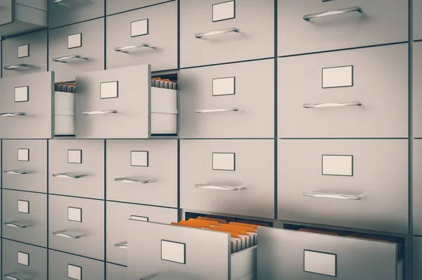 Filing cabinet with yellow folders in an open drawers - data collection concept. 3D rendered illustration. Retro style.