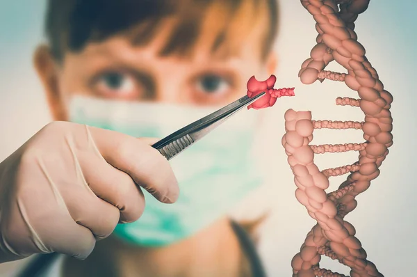 Mano Dello Scienziato Sostituzione Del Dna Ingegneria Genetica Concetto Manipolazione — Foto Stock