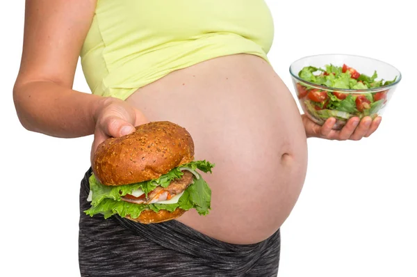 Těhotná Žena Burger Zelenina Salát Dlaních Izolované Bílém Pozadí — Stock fotografie