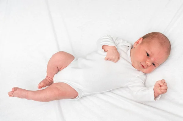 One Month Old Newborn Baby Lying Back White Blanket — Stock Photo, Image