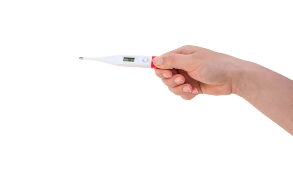 Hand Van Vrouw Houdt Digitale Thermometer Geïsoleerd Witte Achtergrond — Stockfoto