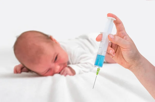 Doctor Holds Syringe Vaccinate Newborn Baby Injection Vaccination Concept — Stock Photo, Image