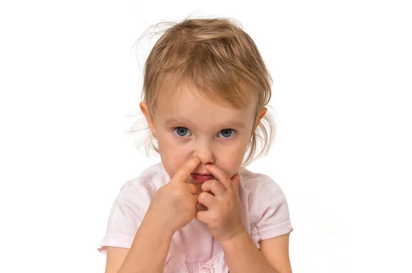 Meisje Van Baby Het Oppakken Van Haar Neus Met Vinger — Stockfoto