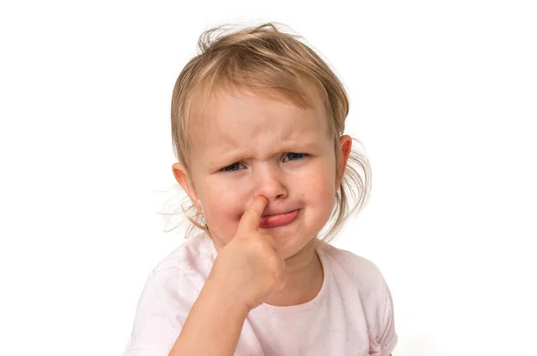 Sad Baby Girl Picking Her Nose Finger Hygiene Concept — Stock Photo, Image