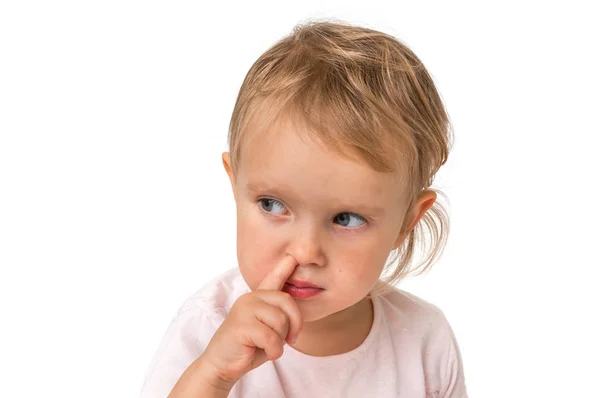 Niña Está Metiendo Nariz Con Dedo Dentro Concepto Higiene — Foto de Stock