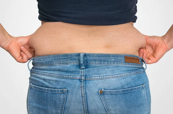 Corpo Mulher Com Excesso Peso Com Gordura Barriga Conceito Sobrepeso — Fotografia de Stock