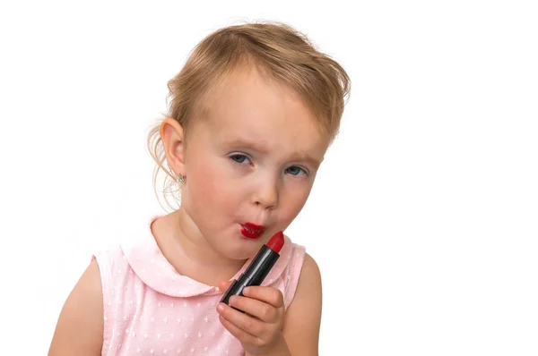 Menina Bonito Está Aplicando Maquiagem Usar Batom Conceito Jovem — Fotografia de Stock