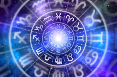 Astrolojik zodyak işaretleri içinde evren arka planda - burç daireye kavramı, Astroloji ve burçlar