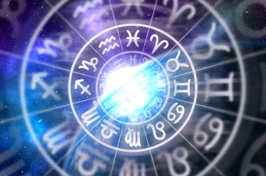Astrolojik zodyak işaretleri içinde evren arka planda - burç daireye kavramı, Astroloji ve burçlar
