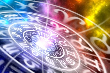 Astrological zodiac signs inside of horoscope circle on universe background - astrology and horoscopes concept clipart