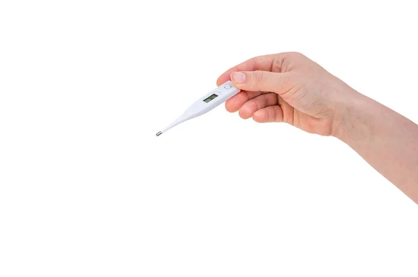 Hand Van Vrouw Houdt Digitale Thermometer Geïsoleerd Witte Achtergrond — Stockfoto