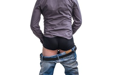 Adam izole üzerinde beyaz arka plan - üriner inkontinans kavramı işemek istiyor