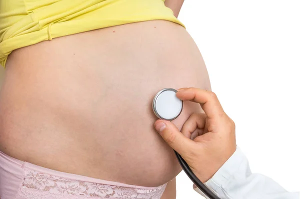 Kinderarzt Mit Stethoskop Hört Herzschlag Baby Einer Schwangeren Schwangerschaftskonzept — Stockfoto
