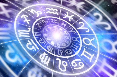 Astrolojik zodyak işaretleri içinde evren arka planda - burç daireye kavramı, Astroloji ve burçlar