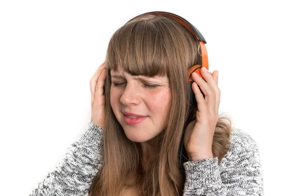 Bella Donna Con Cuffie Sta Ascoltando Musica Rock — Foto Stock