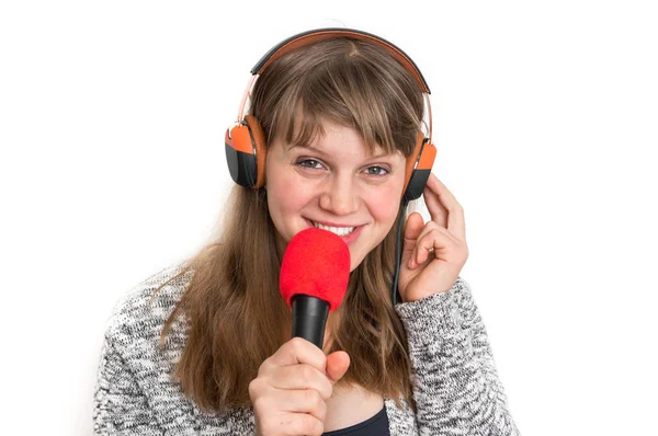 Mulher Bonita Com Microfone Fones Ouvido Está Gravando Sua Música — Fotografia de Stock