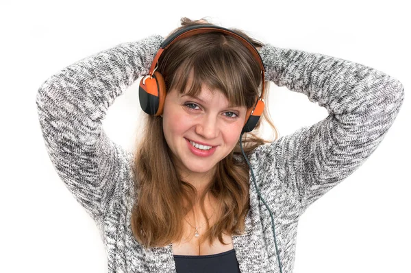 Mulher Bonita Com Fones Ouvido Está Ouvindo Música Rock — Fotografia de Stock