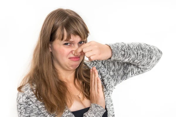 Pretty Woman Holding Her Nose Bad Smell Concept — Stock Photo, Image