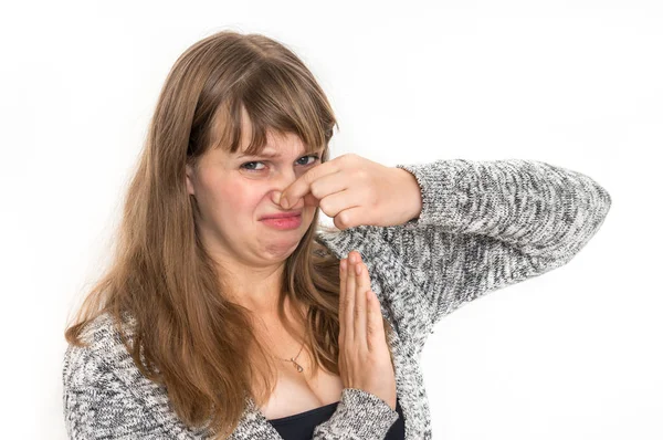 Vacker Kvinna Håller Näsan Dålig Lukt Koncept — Stockfoto