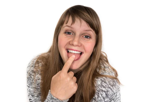 Aantrekkelijke Vrouw Tonen Tong Raakt Het Met Een Vinger — Stockfoto