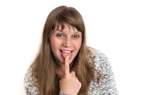 Mulher Atraente Mostrando Língua Está Tocando Com Dedo — Fotografia de Stock