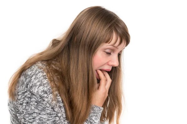 Femme Souffrant Nausées Isolées Sur Blanc Concept Vomissant — Photo