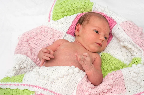 One Month Old Newborn Baby Lying Back Knitted Blanket — Stock Photo, Image