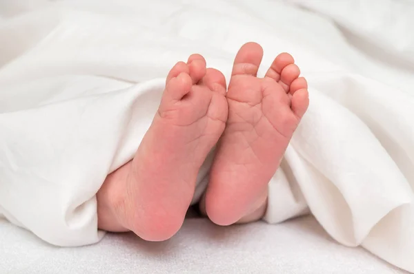 Νεογέννητο Μωρό Πόδια Στο Κρεβάτι Κάτω Από Την Κουβέρτα Λευκό — Φωτογραφία Αρχείου